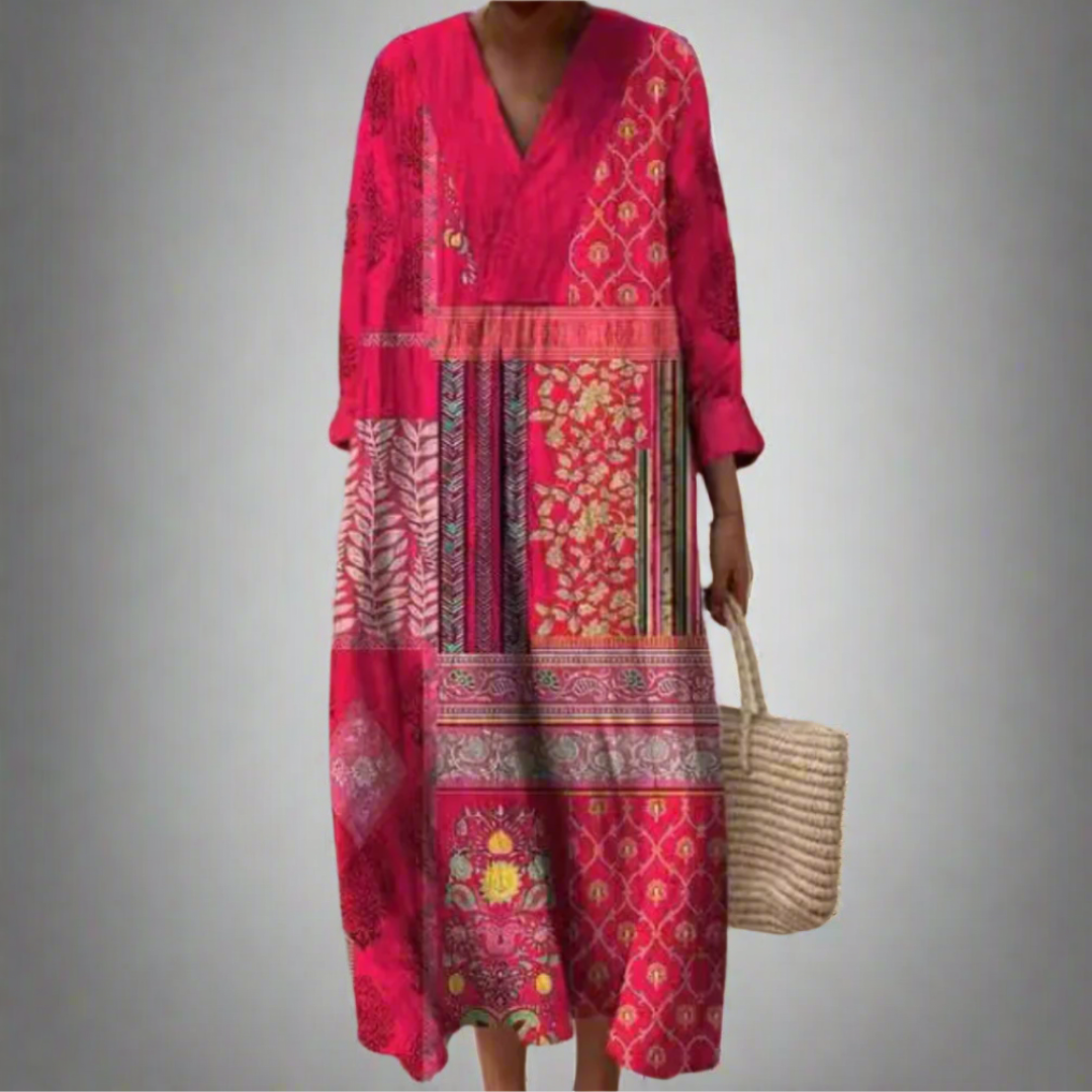 Maisie™ | Boho Patchwork Long Sleeve Midi Dress