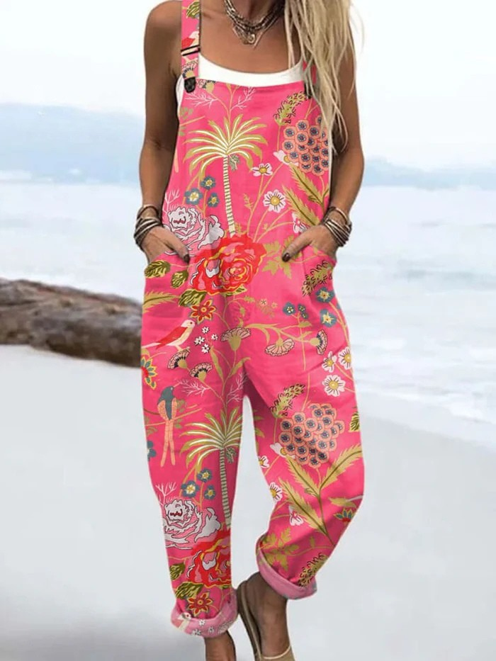 Casual Wide Leg Linen Jumpsuit with Vintage Floral Art Print for Women