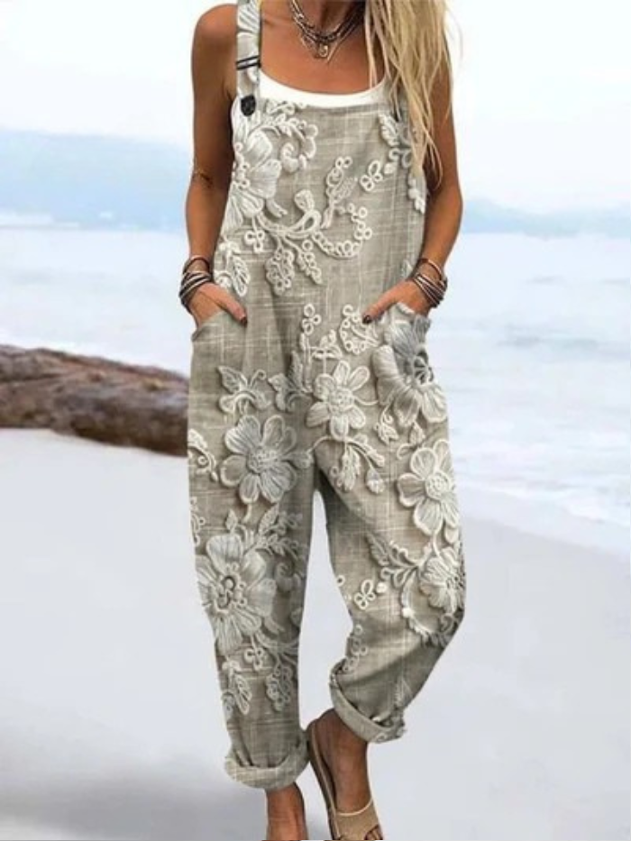 Women's Retro Floral Art Print Casual Wide-Leg Linen Jumpsuit