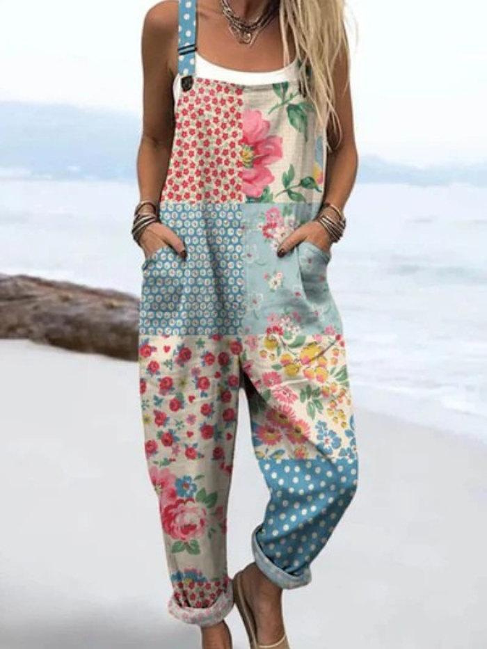 Women's Casual Wide Leg Linen Jumpsuit with Vintage Floral Patchwork Print