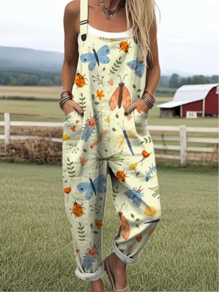 Lara | Wide Leg Linen Jumpsuit with Whimsical Insect Pattern Art Print