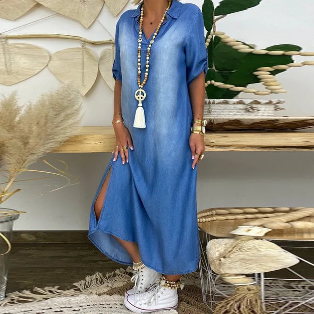 Lea™ | Long Dress in Denim Look with Side Slit