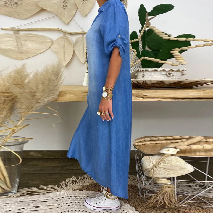Lea™ | Long Dress in Denim Look with Side Slit