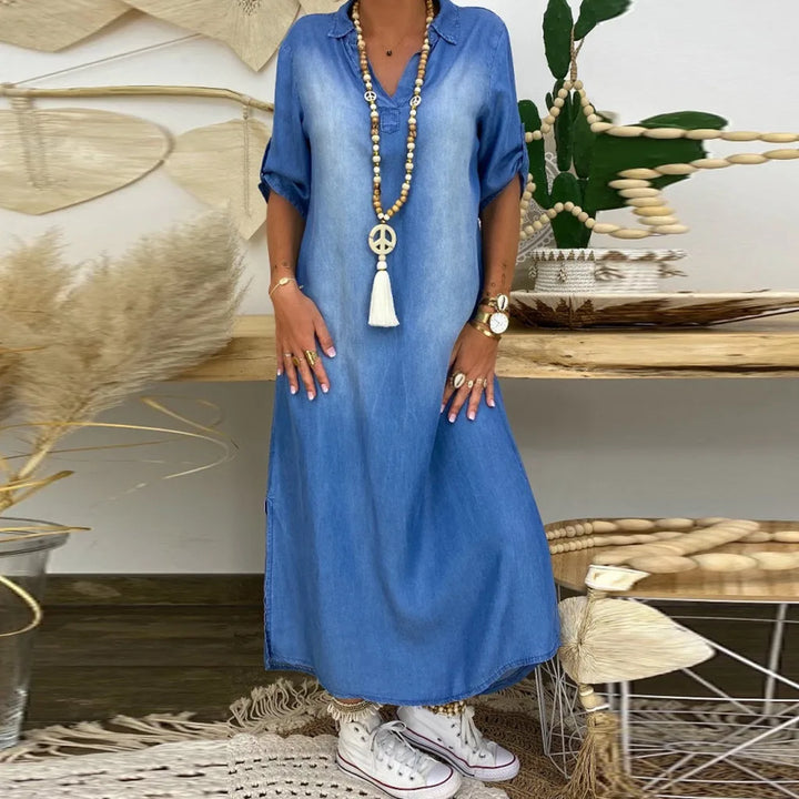 Lea™ | Long Dress in Denim Look with Side Slit