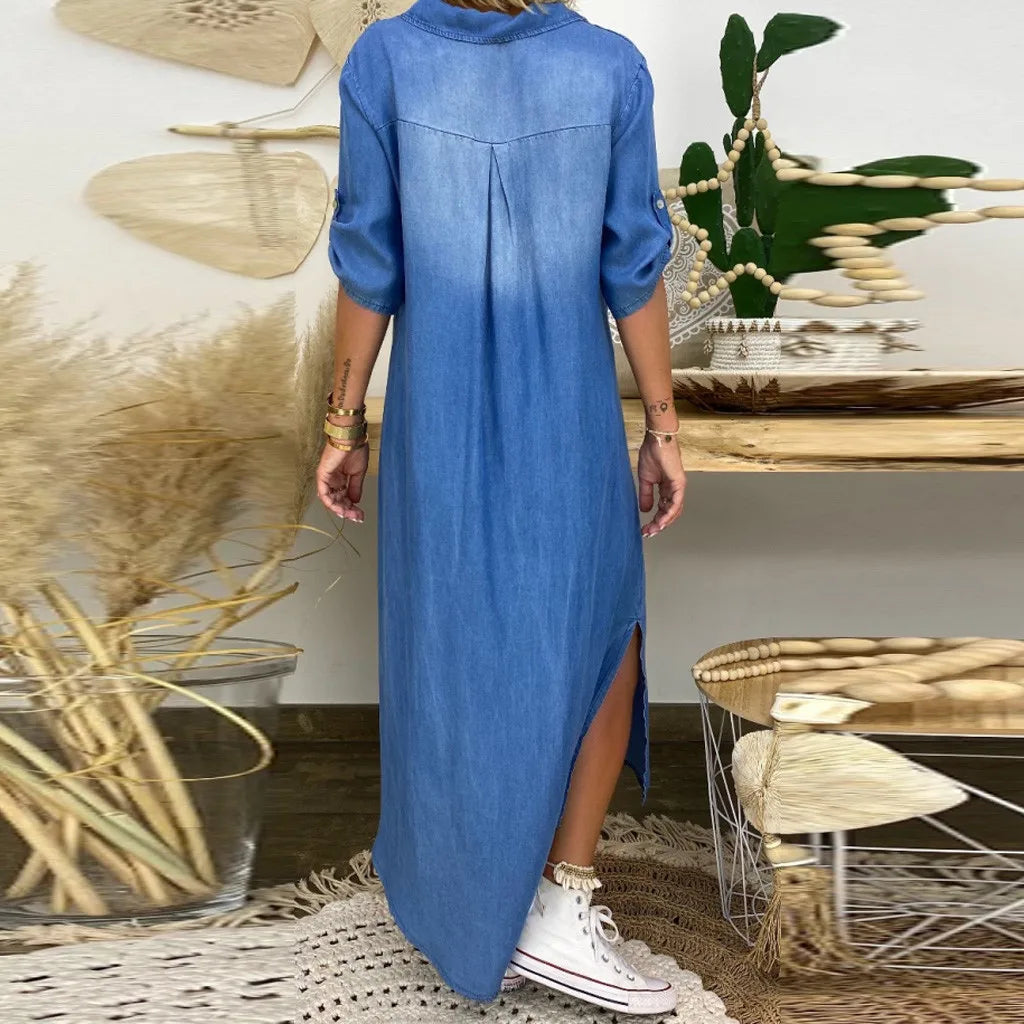 Lea™ | Long Dress in Denim Look with Side Slit