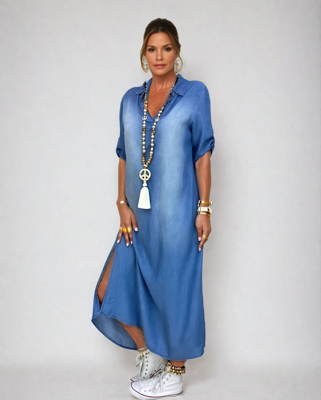 Lea™ | Long Dress in Denim Look with Side Slit