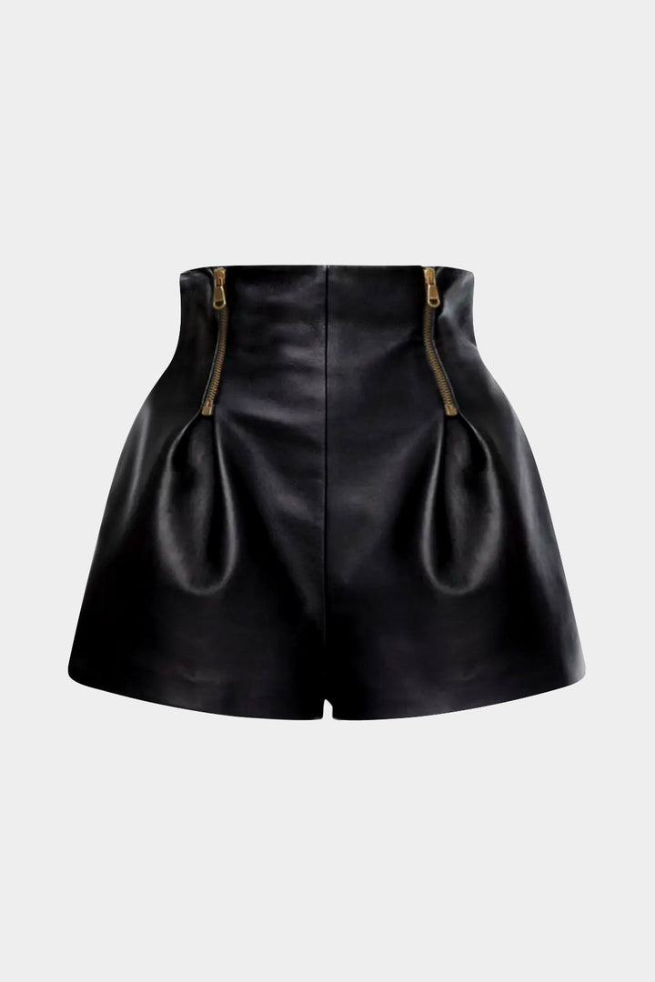 Shiela | Faux Leather Ruched Zipper Shorts